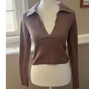 Aritzia Babaton Brown Crop Pullover V-Neck Ribbed Knit Sweater Collared M Scandi